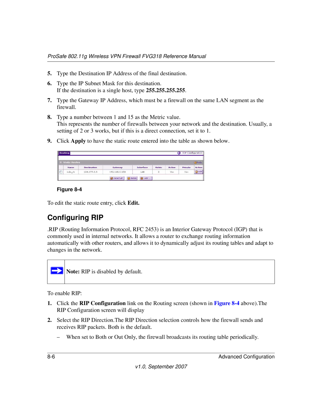 NETGEAR FVG318NA manual Configuring RIP 