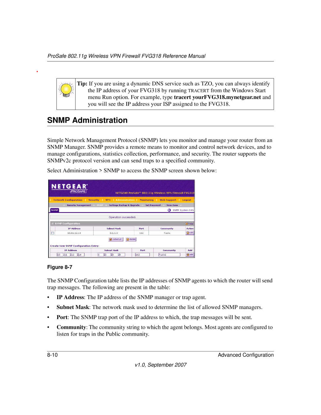 NETGEAR FVG318NA manual Snmp Administration 