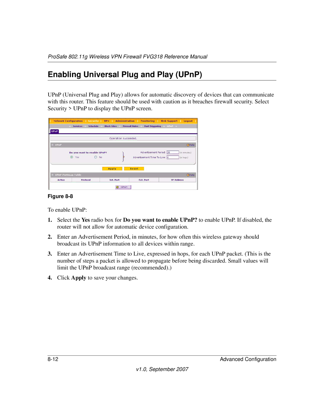 NETGEAR FVG318NA manual Enabling Universal Plug and Play UPnP 