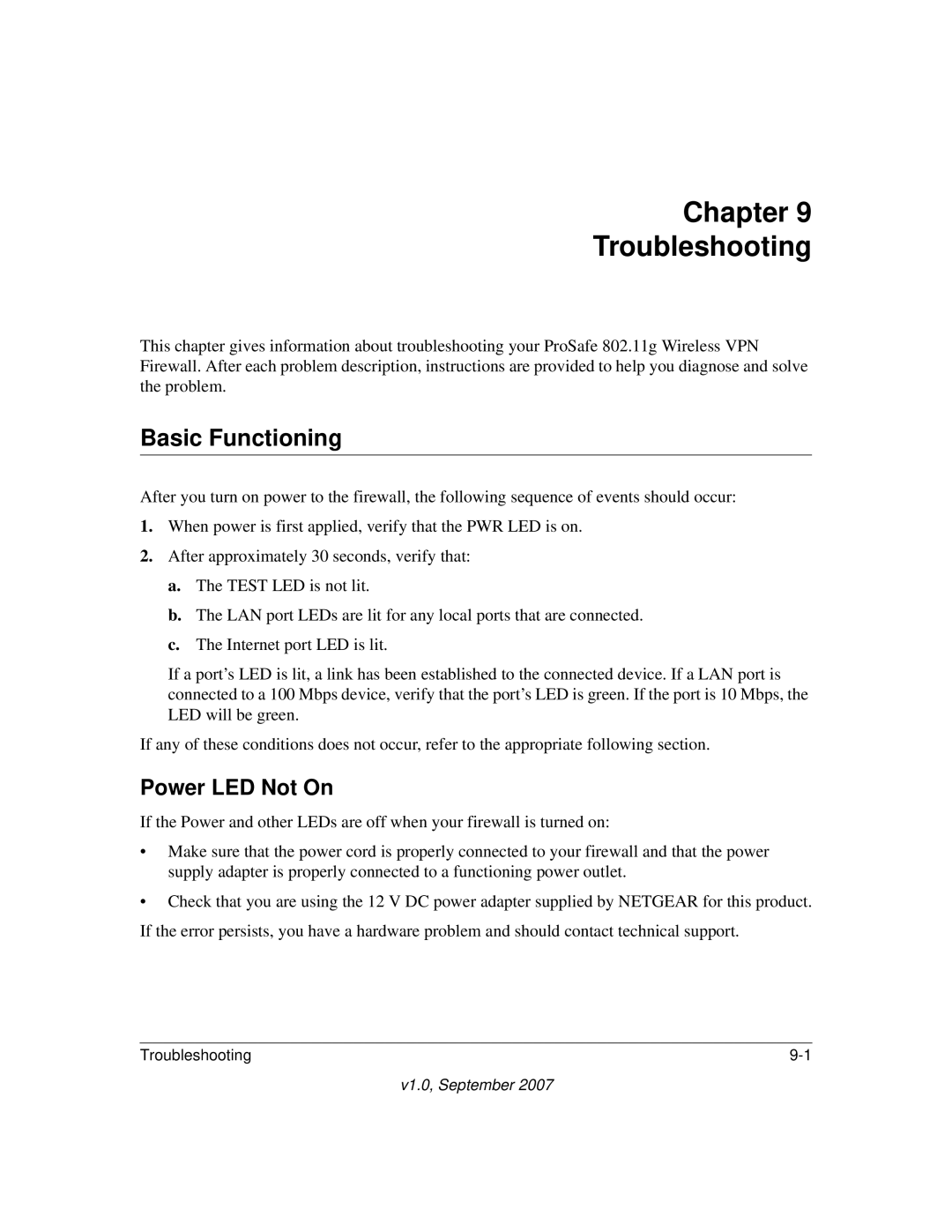 NETGEAR FVG318NA manual Chapter Troubleshooting, Basic Functioning, Power LED Not On 