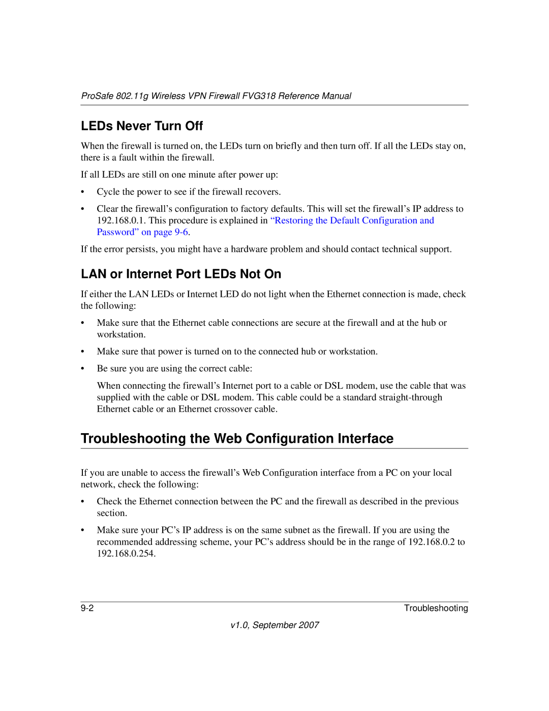 NETGEAR FVG318NA Troubleshooting the Web Configuration Interface, LEDs Never Turn Off, LAN or Internet Port LEDs Not On 