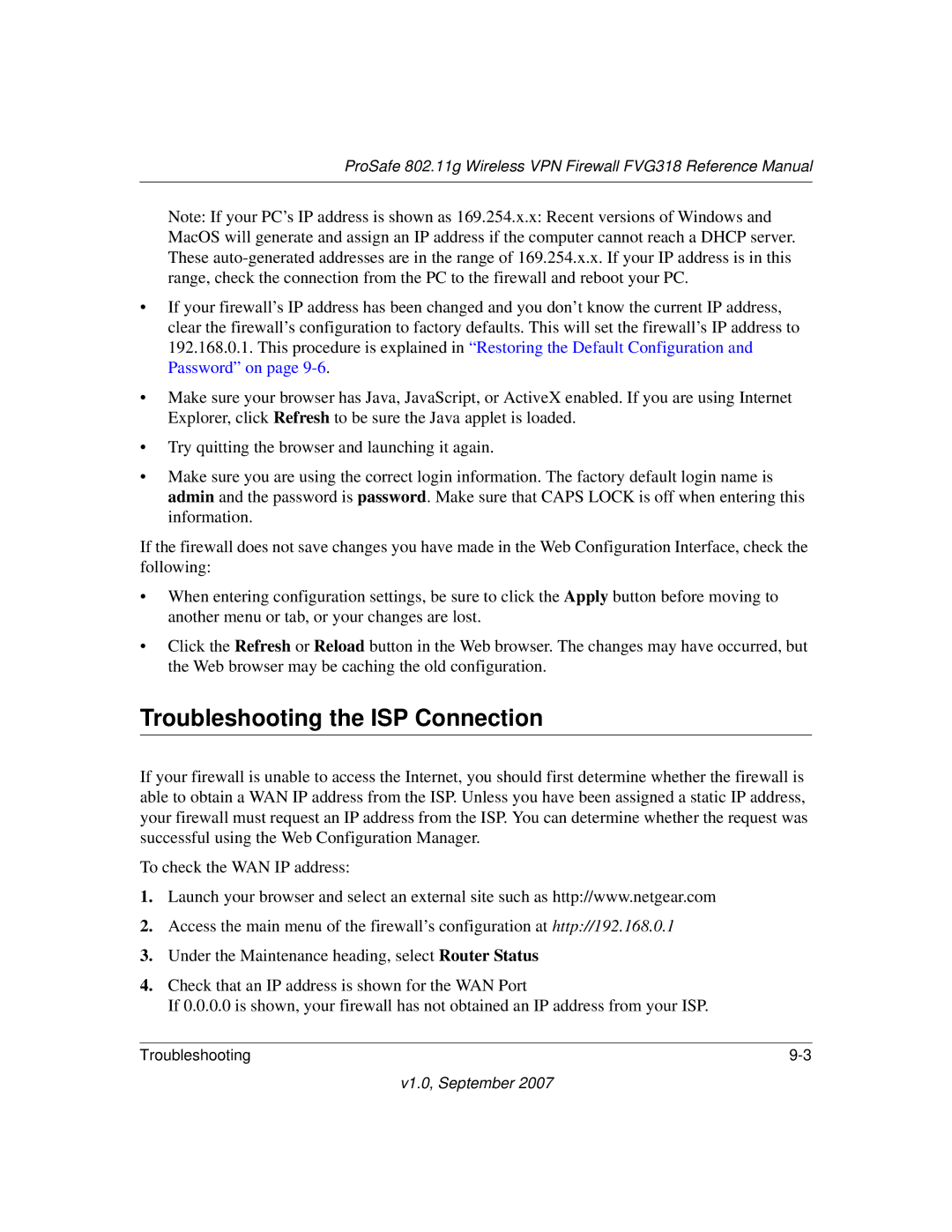 NETGEAR FVG318NA manual Troubleshooting the ISP Connection 