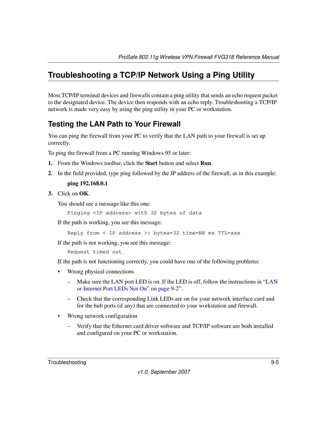 NETGEAR FVG318NA manual Troubleshooting a TCP/IP Network Using a Ping Utility, Testing the LAN Path to Your Firewall 