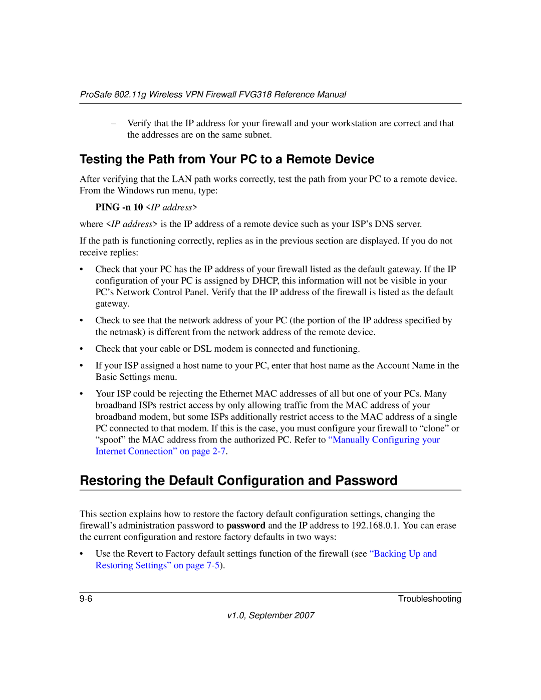 NETGEAR FVG318NA manual Restoring the Default Configuration and Password, Testing the Path from Your PC to a Remote Device 