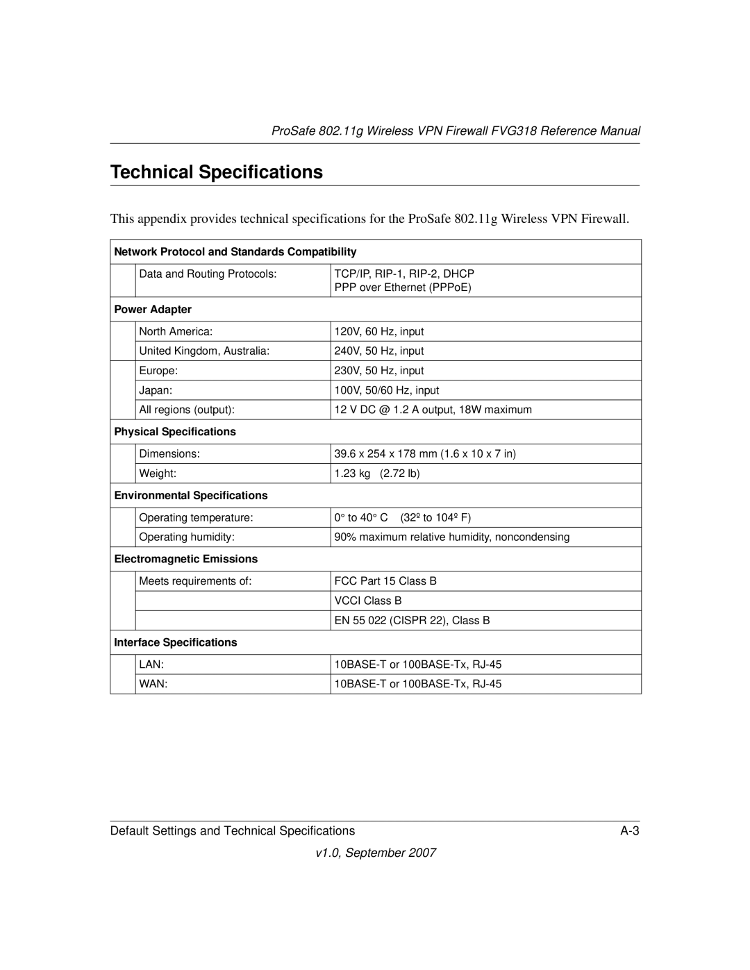 NETGEAR FVG318NA manual Technical Specifications 