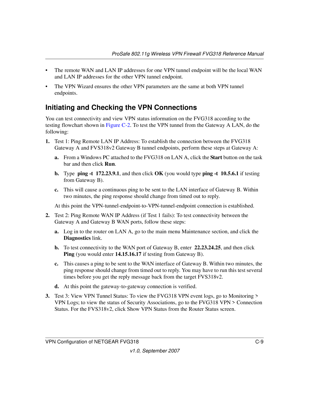 NETGEAR FVG318NA manual Initiating and Checking the VPN Connections 