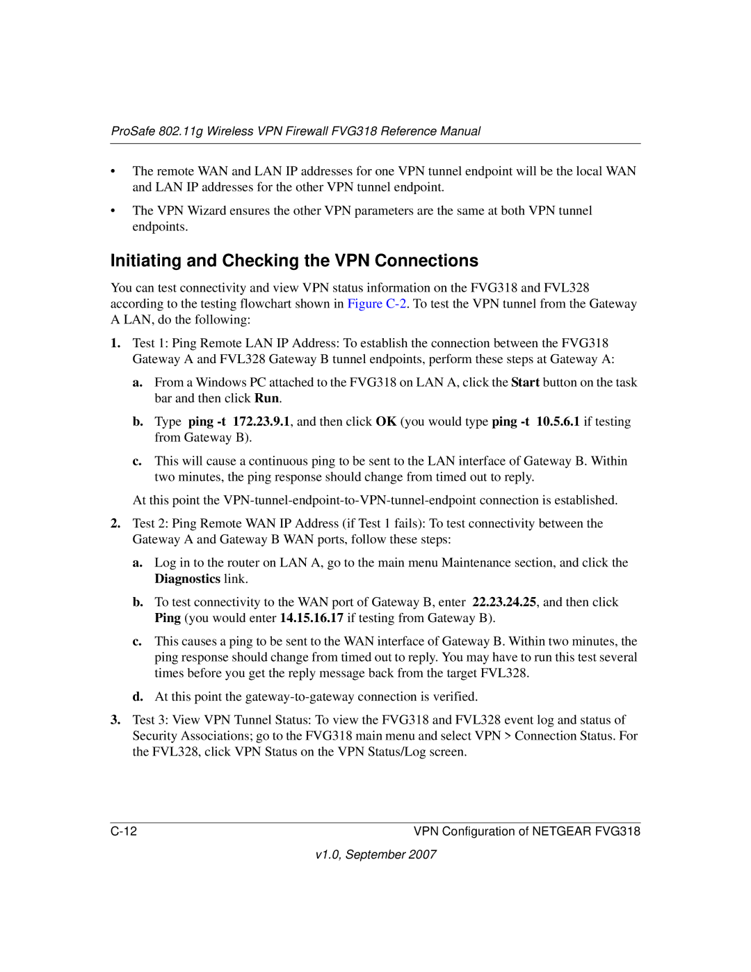 NETGEAR FVG318NA manual Initiating and Checking the VPN Connections 