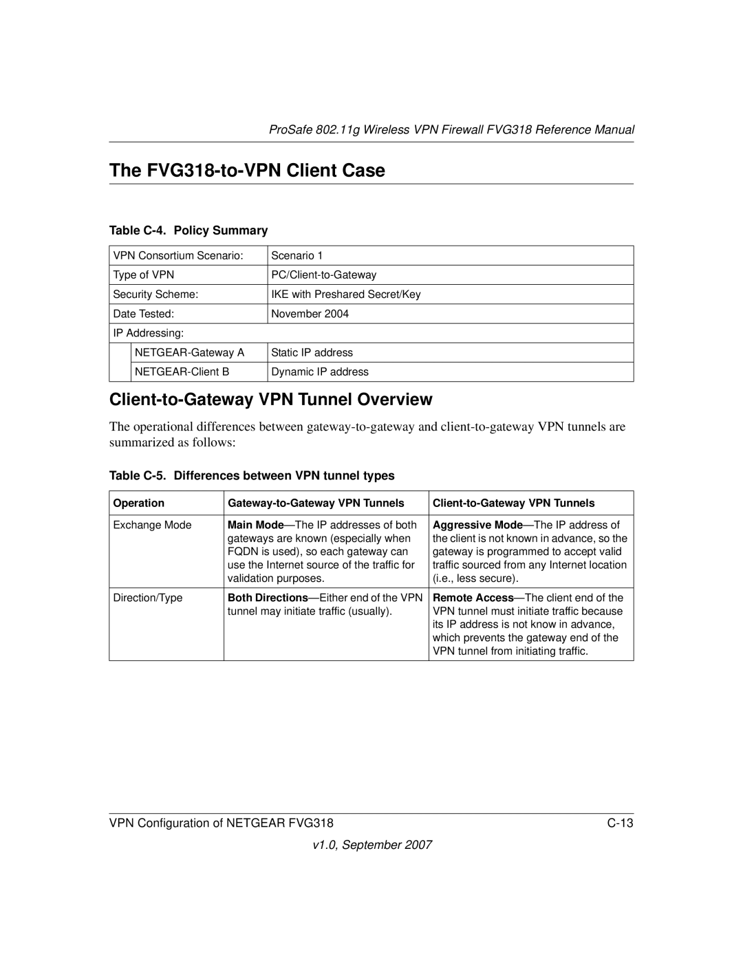 NETGEAR FVG318NA manual FVG318-to-VPN Client Case, Client-to-Gateway VPN Tunnel Overview, Table C-4. Policy Summary 