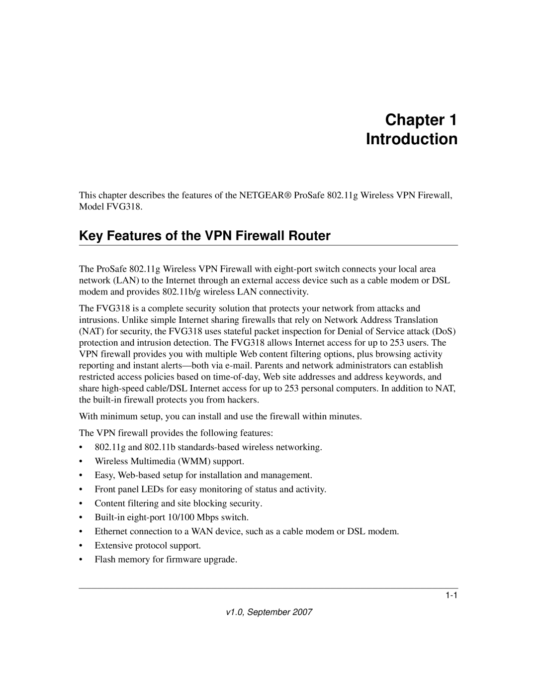 NETGEAR FVG318NA manual Chapter Introduction, Key Features of the VPN Firewall Router 