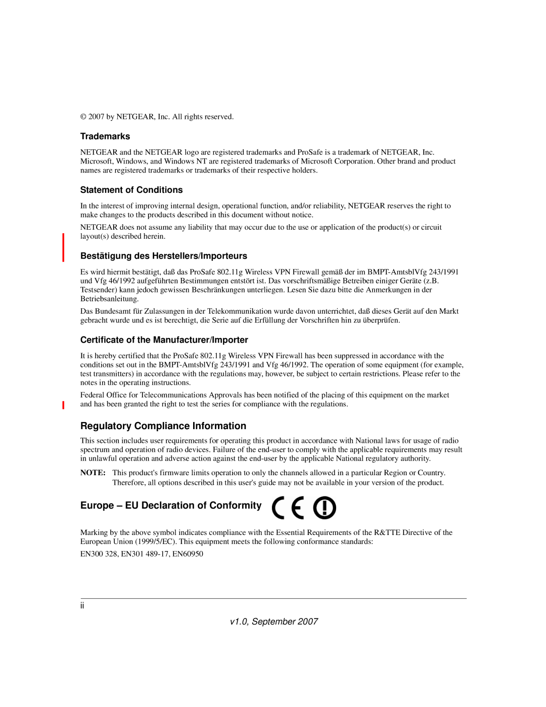 NETGEAR FVG318NA manual Trademarks, Statement of Conditions, Bestätigung des Herstellers/Importeurs 