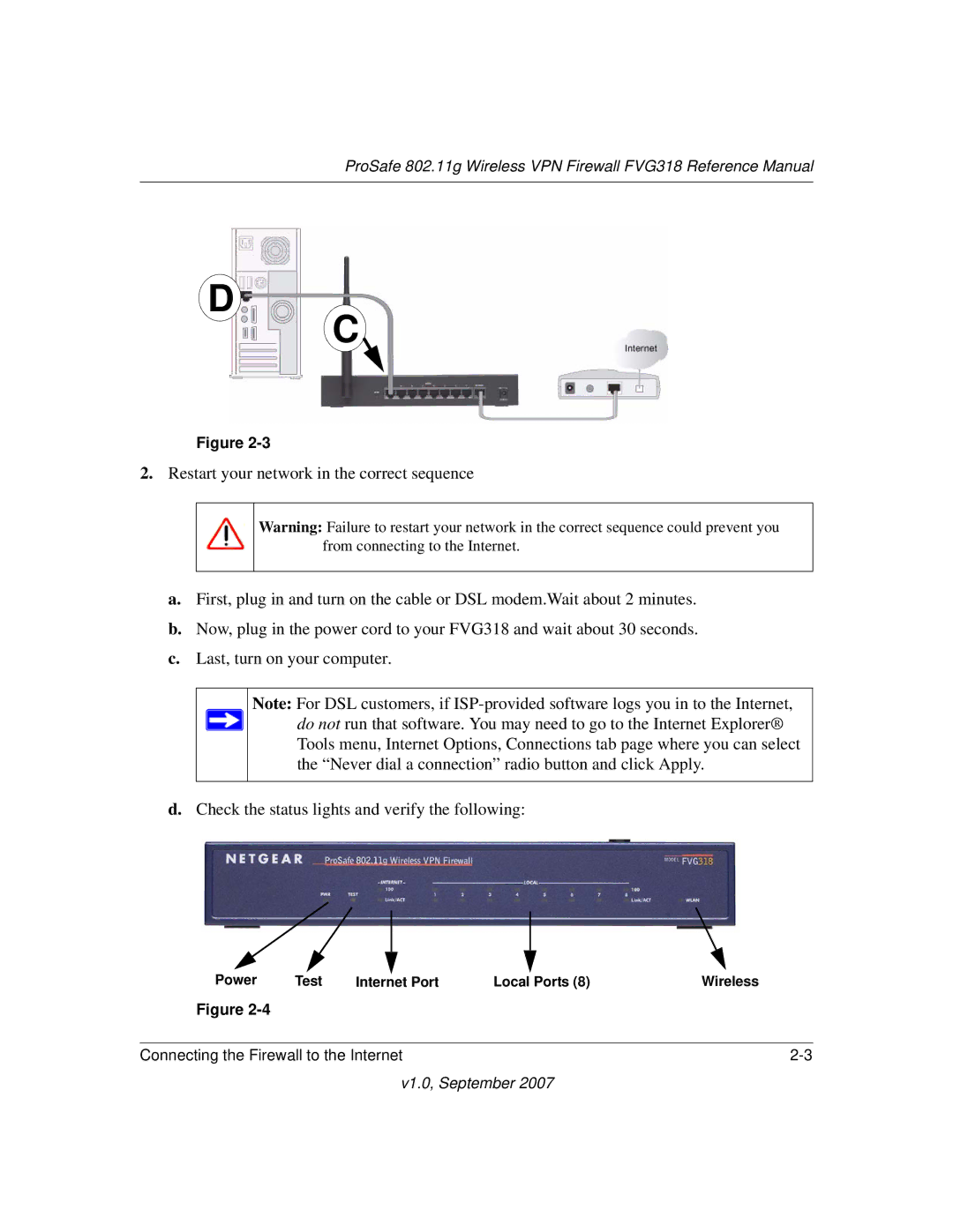 NETGEAR FVG318NA manual Connecting the Firewall to the Internet, Power Test Internet Port Local Ports Wireless 