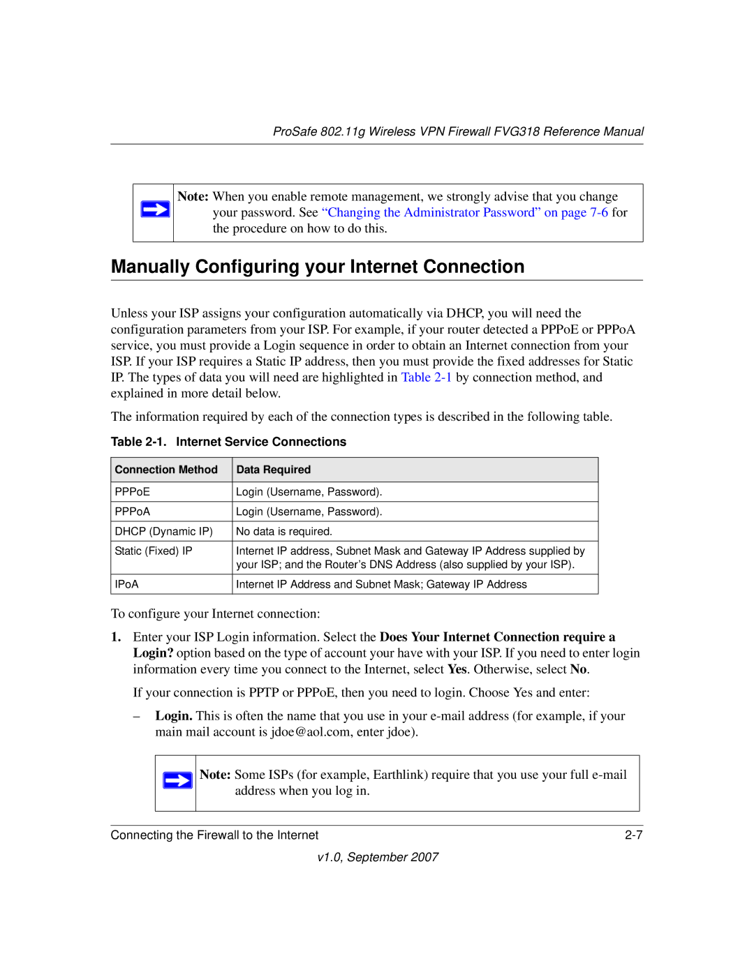 NETGEAR FVG318NA manual Manually Configuring your Internet Connection, Internet Service Connections 