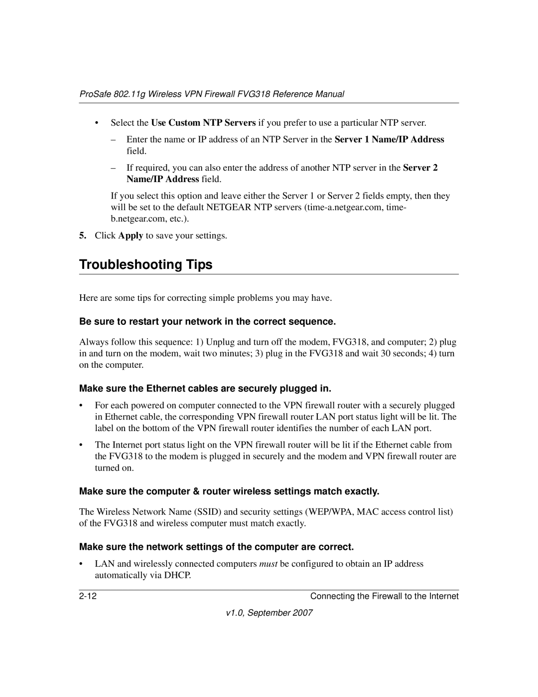 NETGEAR FVG318NA manual Troubleshooting Tips, Be sure to restart your network in the correct sequence 