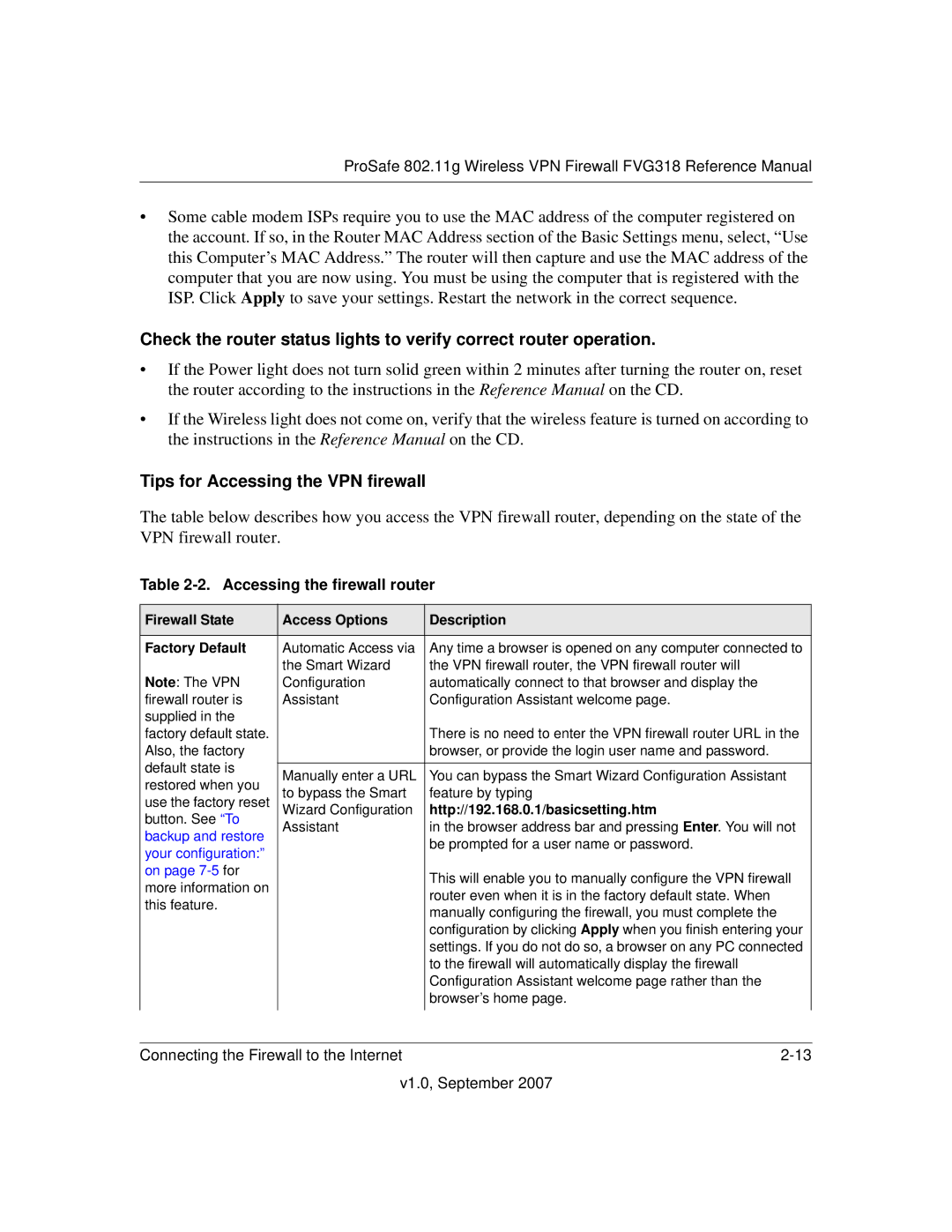 NETGEAR FVG318NA manual Accessing the firewall router, Firewall State Access Options Description Factory Default 