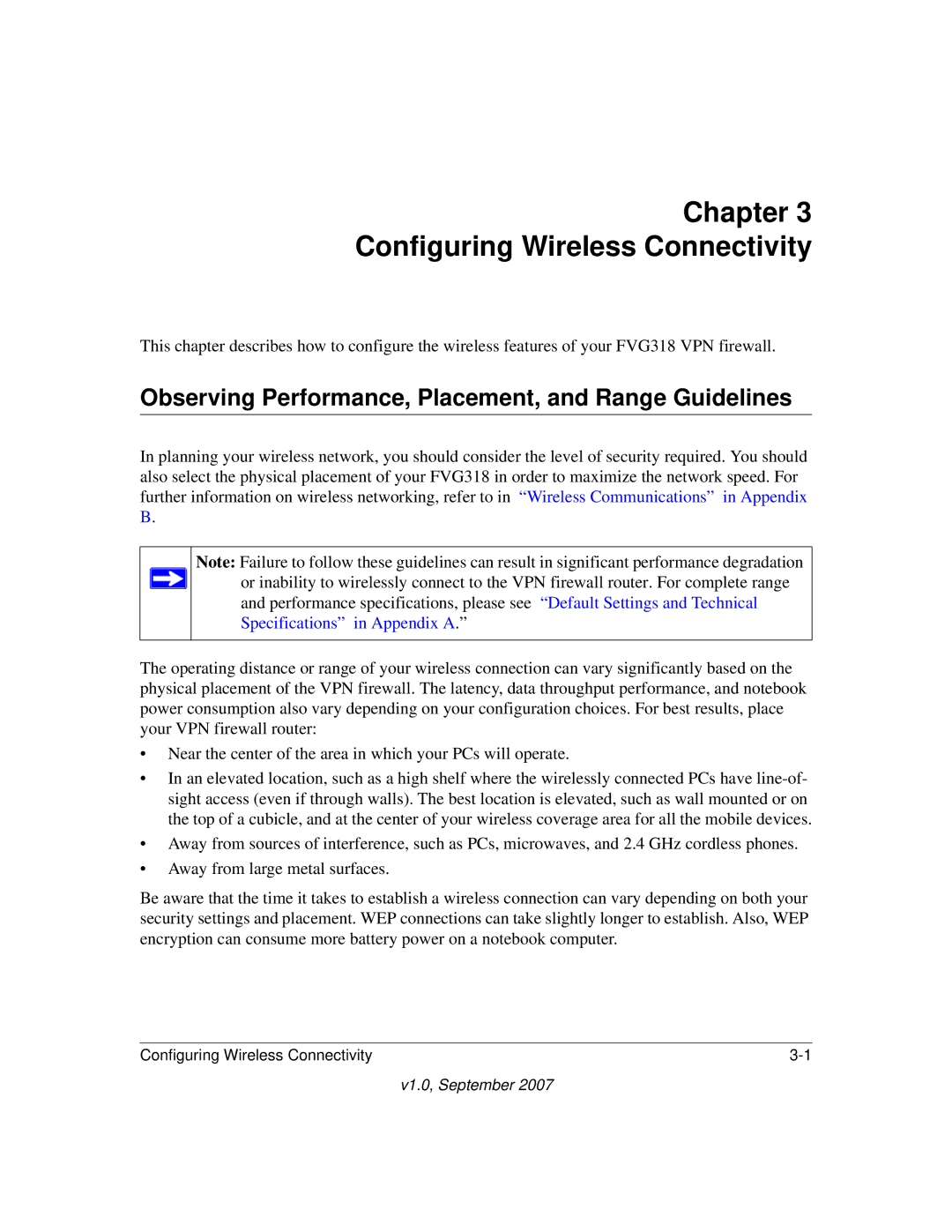 NETGEAR FVG318NA manual Chapter Configuring Wireless Connectivity, Observing Performance, Placement, and Range Guidelines 