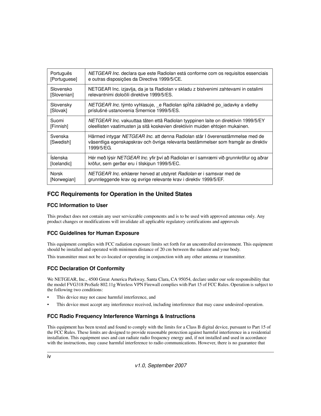 NETGEAR FVG318NA manual FCC Information to User, FCC Guidelines for Human Exposure, FCC Declaration Of Conformity 