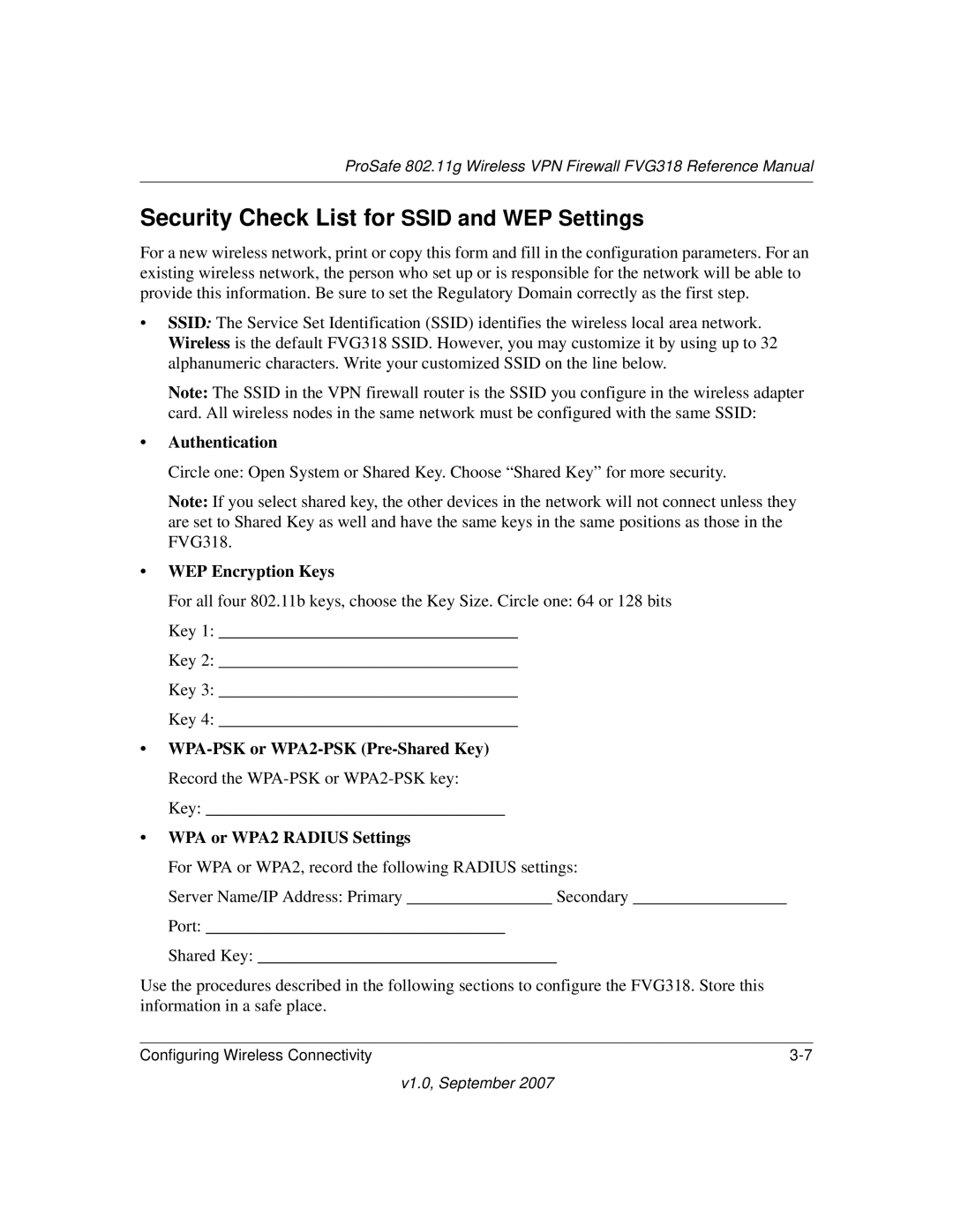 NETGEAR FVG318NA manual Security Check List for Ssid and WEP Settings, WEP Encryption Keys 