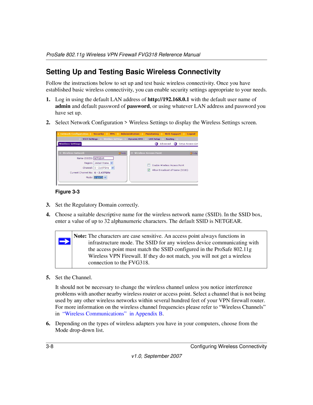 NETGEAR FVG318NA manual Setting Up and Testing Basic Wireless Connectivity 