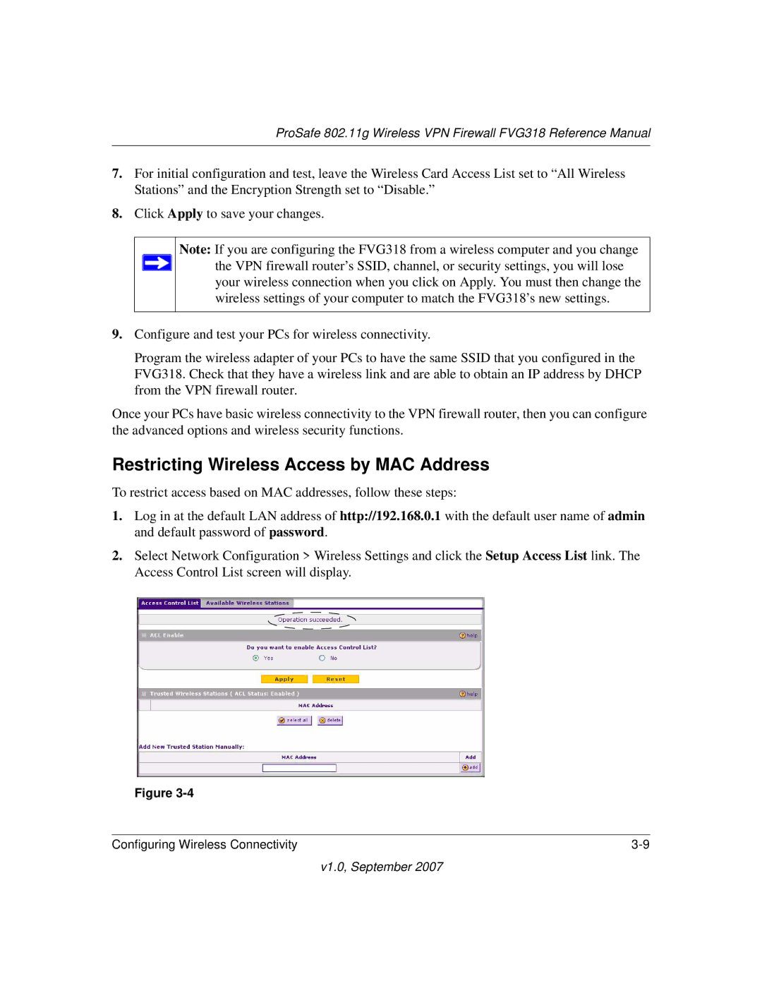 NETGEAR FVG318NA manual Restricting Wireless Access by MAC Address 