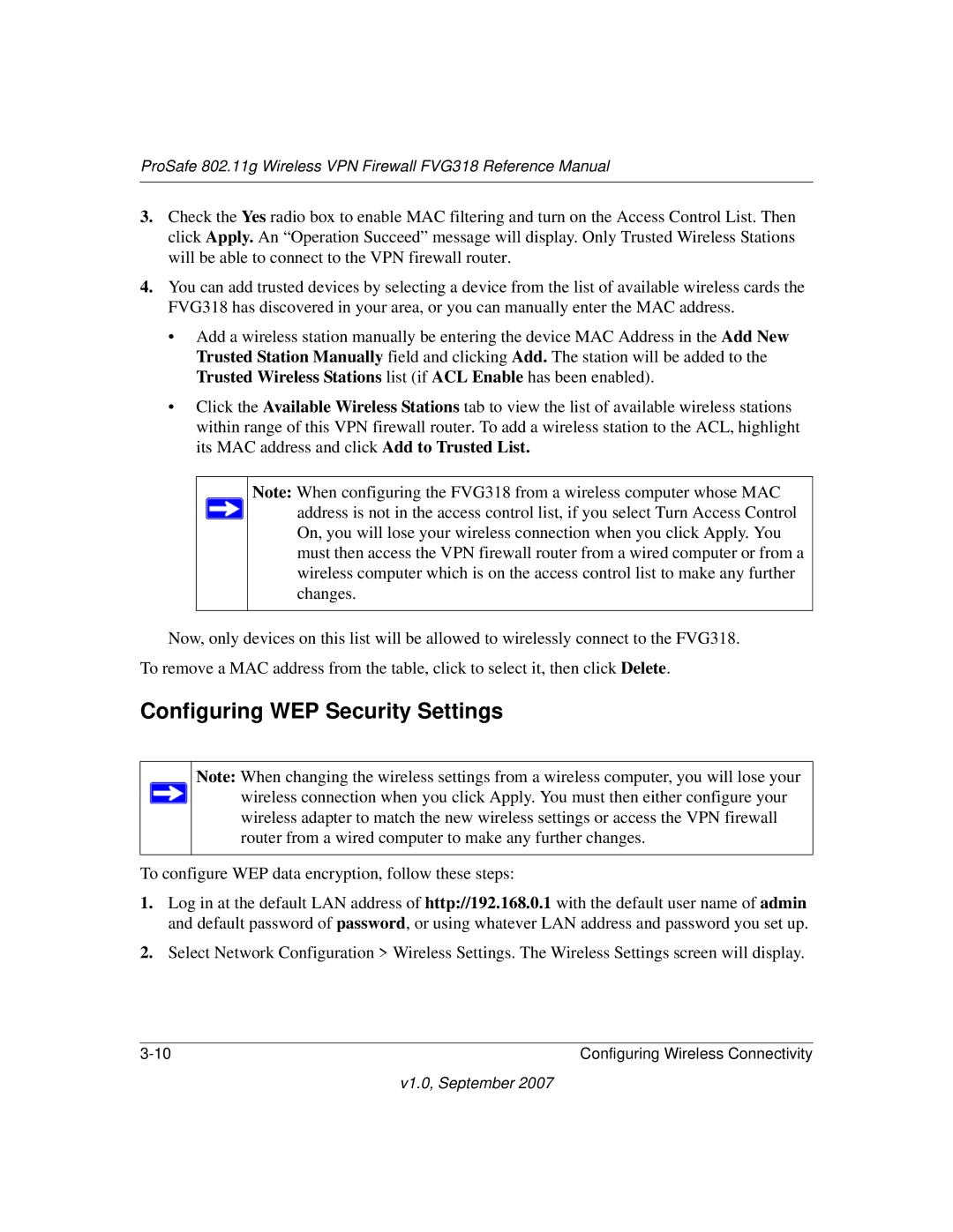 NETGEAR FVG318NA manual Configuring WEP Security Settings 