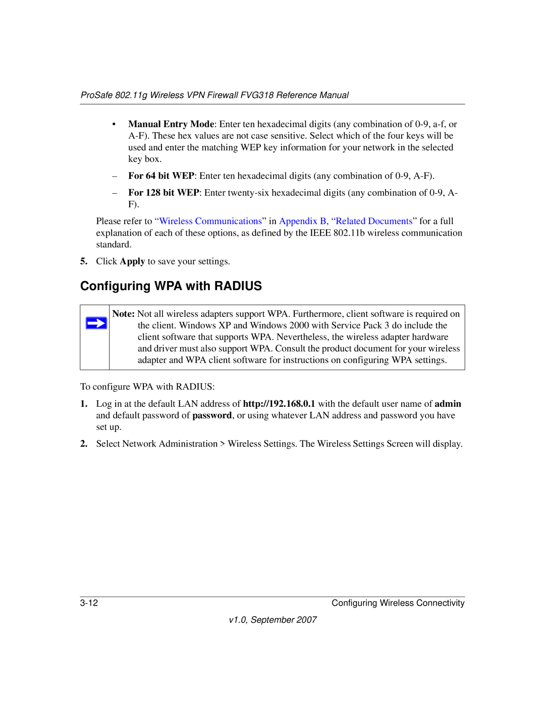 NETGEAR FVG318NA manual Configuring WPA with Radius 