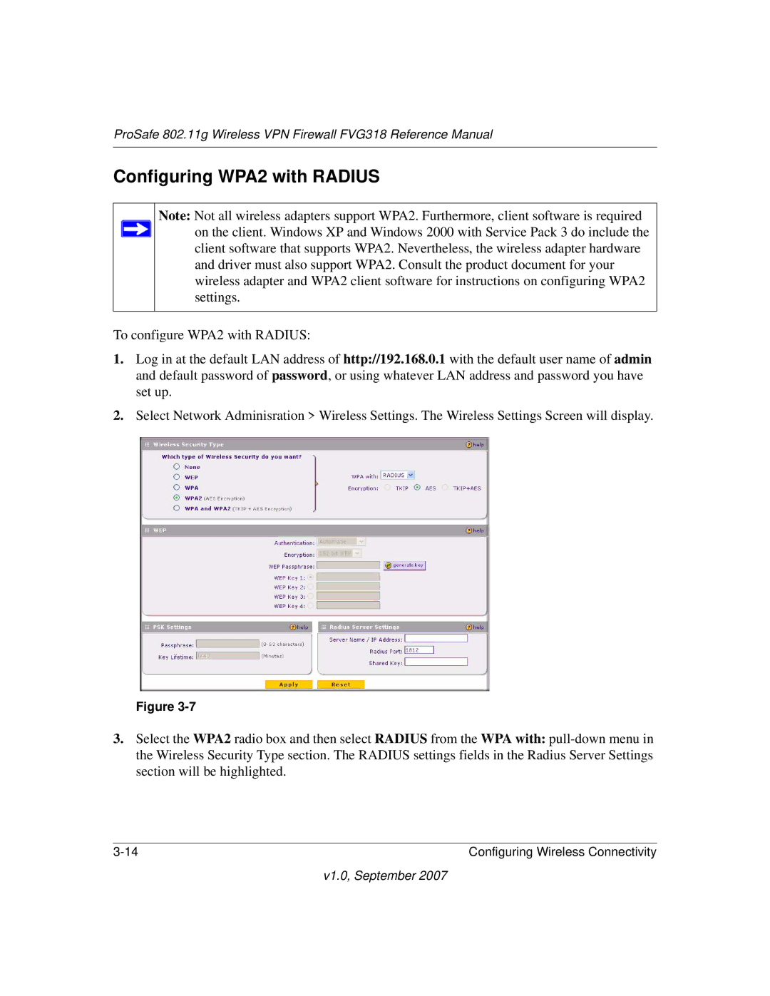 NETGEAR FVG318NA manual Configuring WPA2 with Radius 