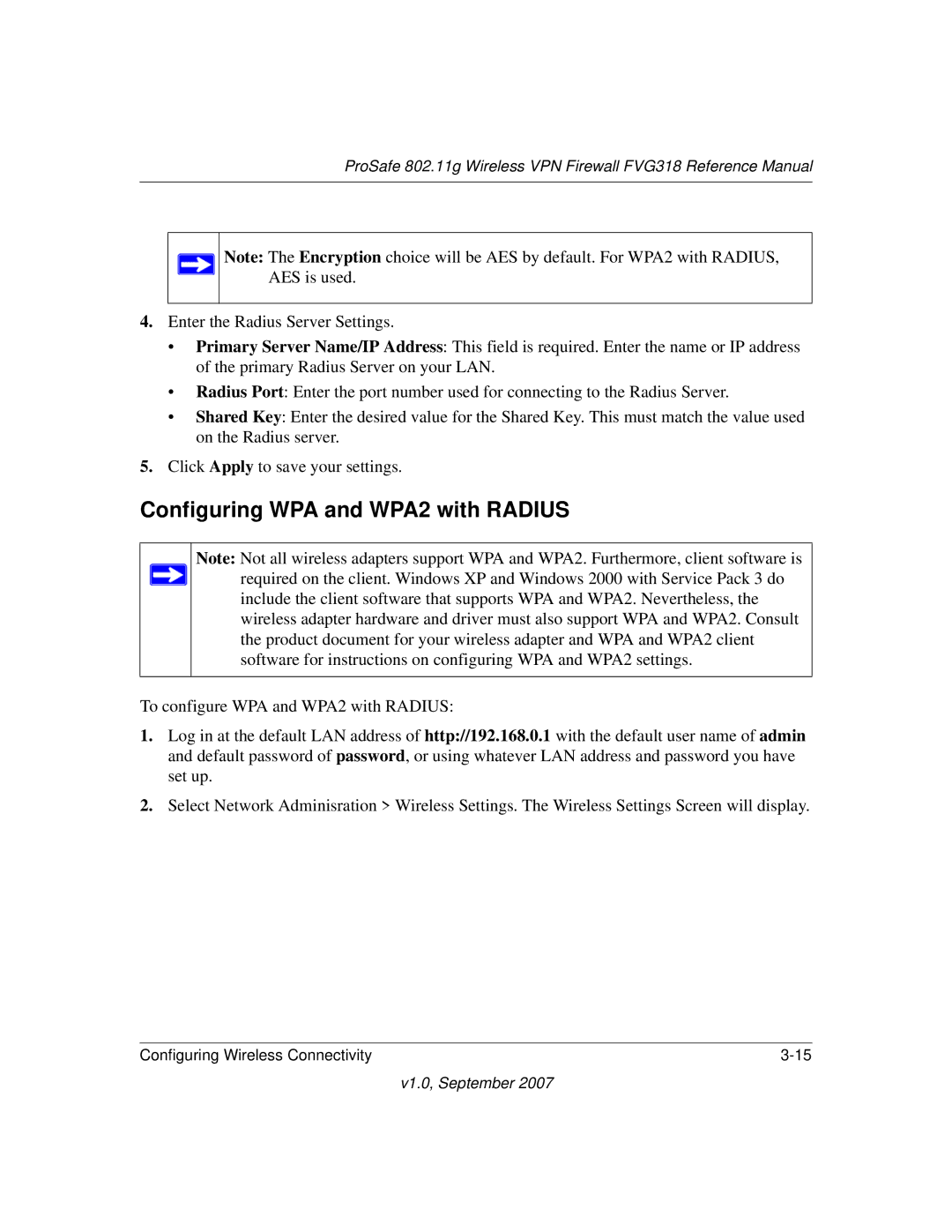 NETGEAR FVG318NA manual Configuring WPA and WPA2 with Radius 