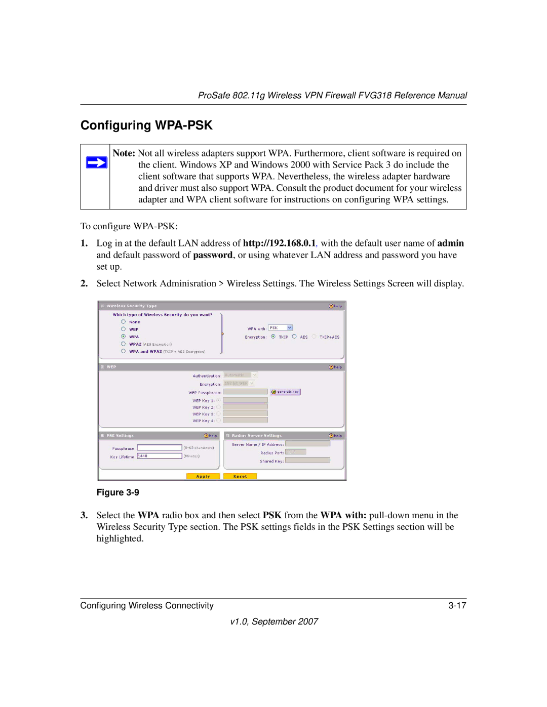 NETGEAR FVG318NA manual Configuring WPA-PSK 