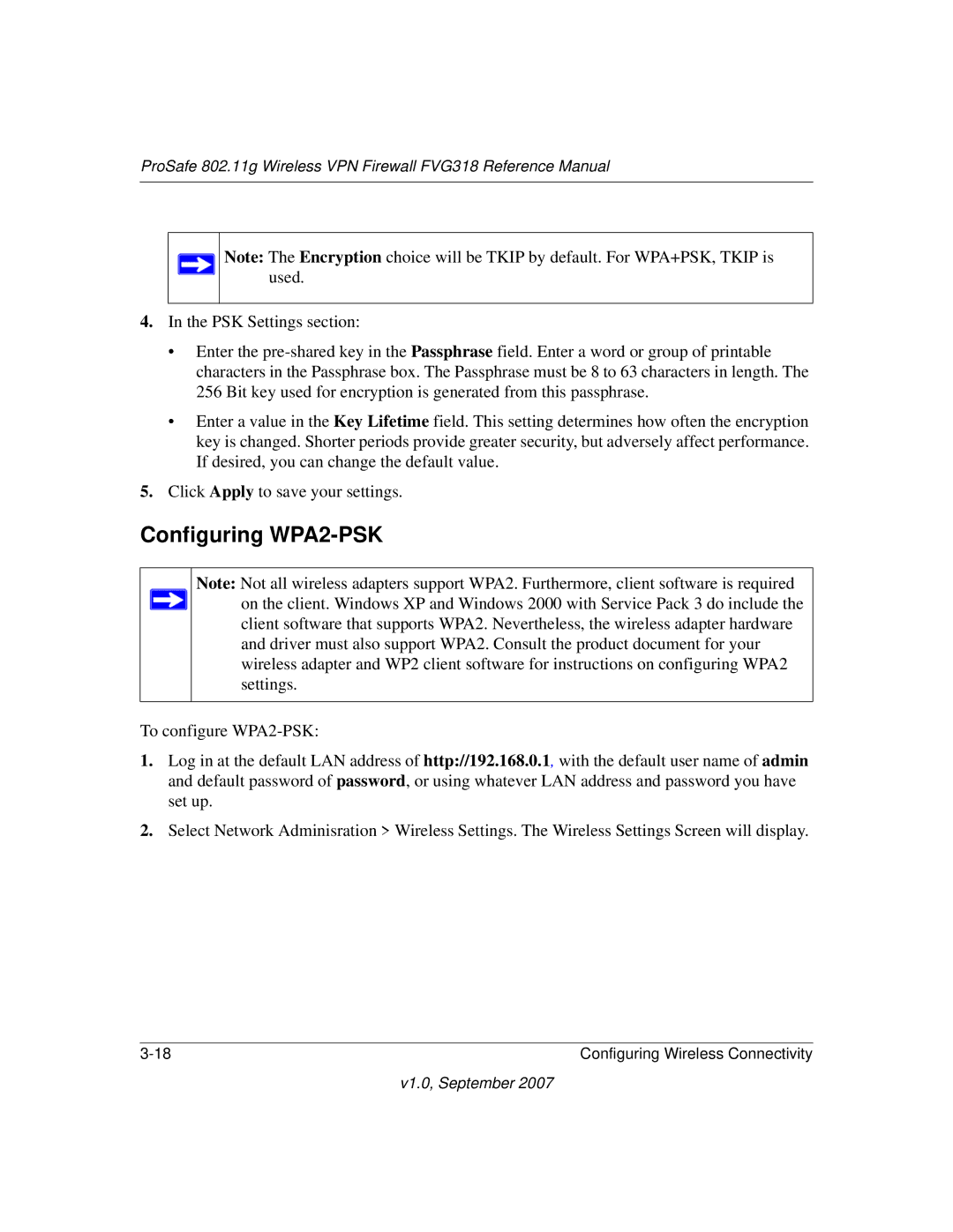 NETGEAR FVG318NA manual Configuring WPA2-PSK 