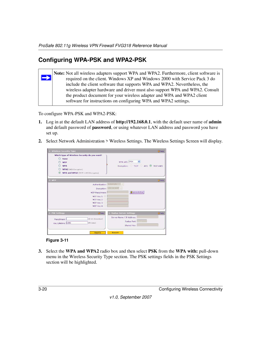 NETGEAR FVG318NA manual Configuring WPA-PSK and WPA2-PSK 