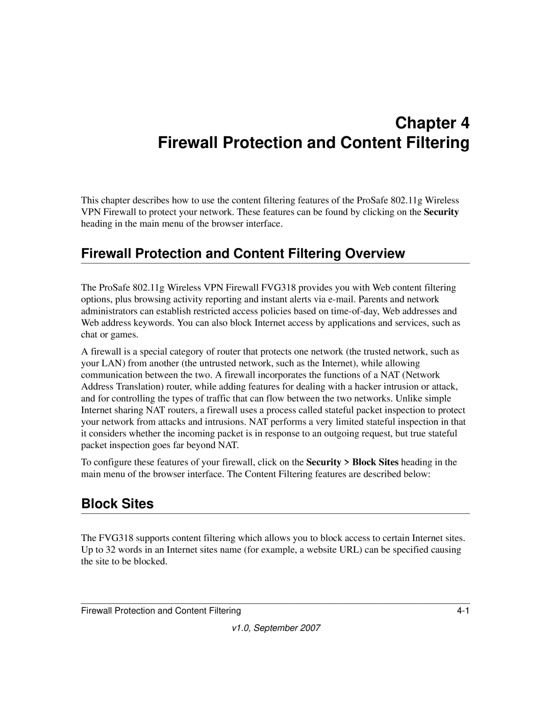 NETGEAR FVG318NA manual Firewall Protection and Content Filtering Overview, Block Sites 