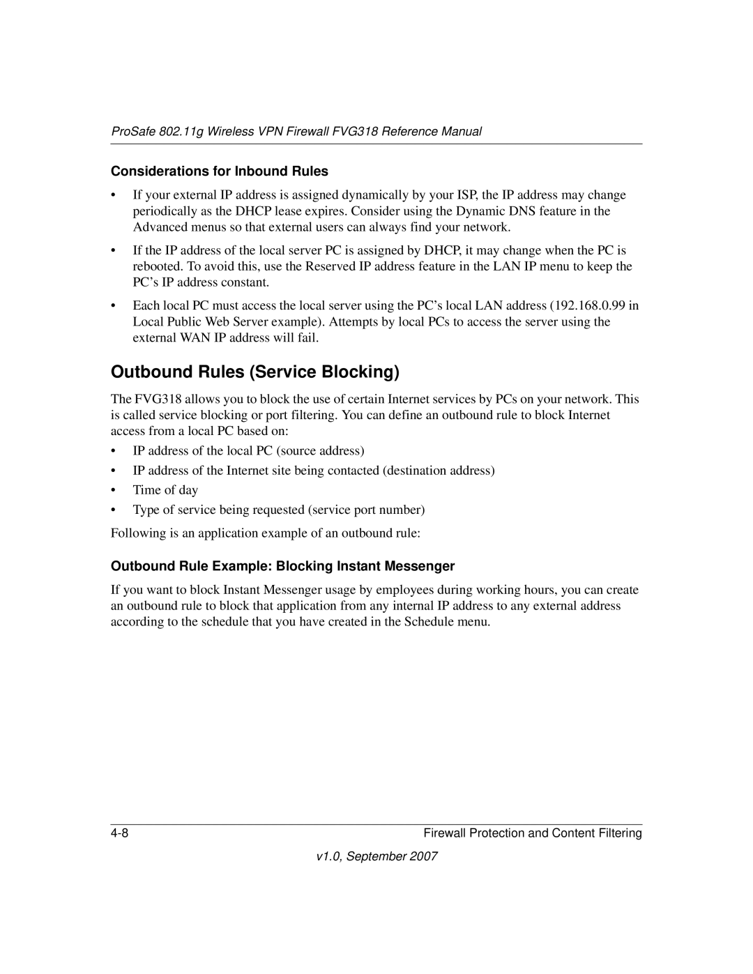 NETGEAR FVG318NA manual Outbound Rules Service Blocking, Considerations for Inbound Rules 