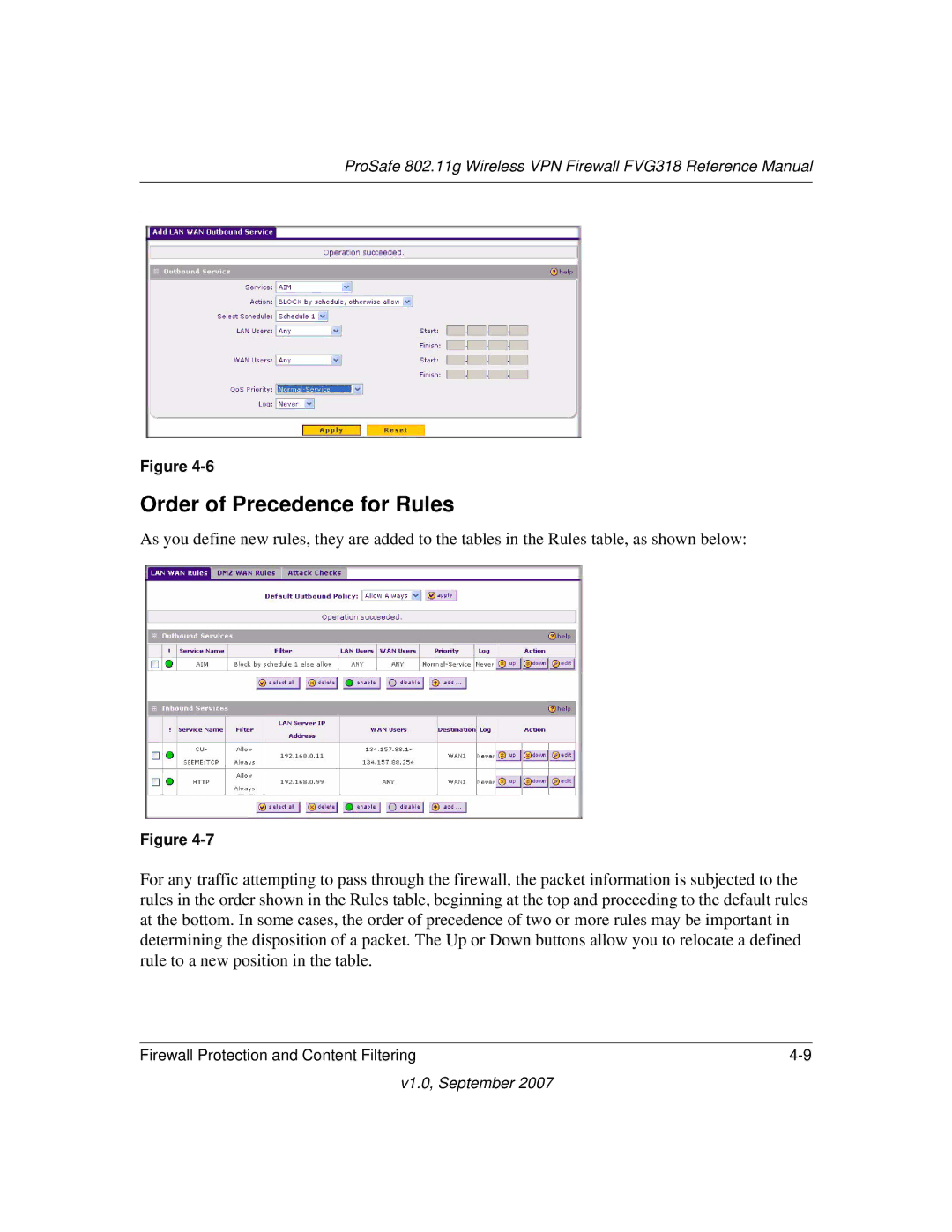 NETGEAR FVG318NA manual Order of Precedence for Rules 