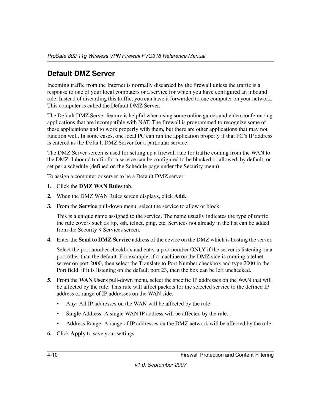 NETGEAR FVG318NA manual Default DMZ Server 