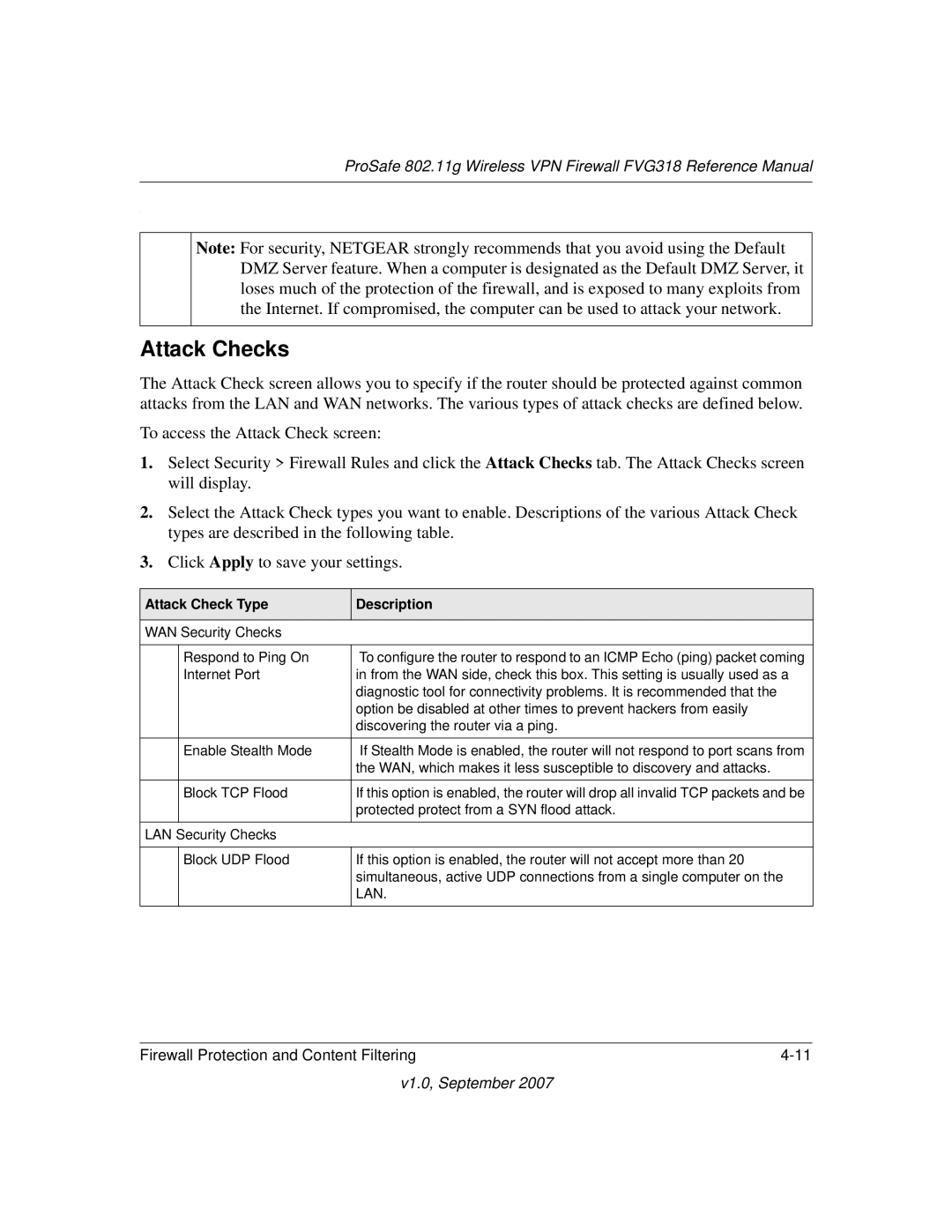 NETGEAR FVG318NA manual Attack Checks, Attack Check Type Description 