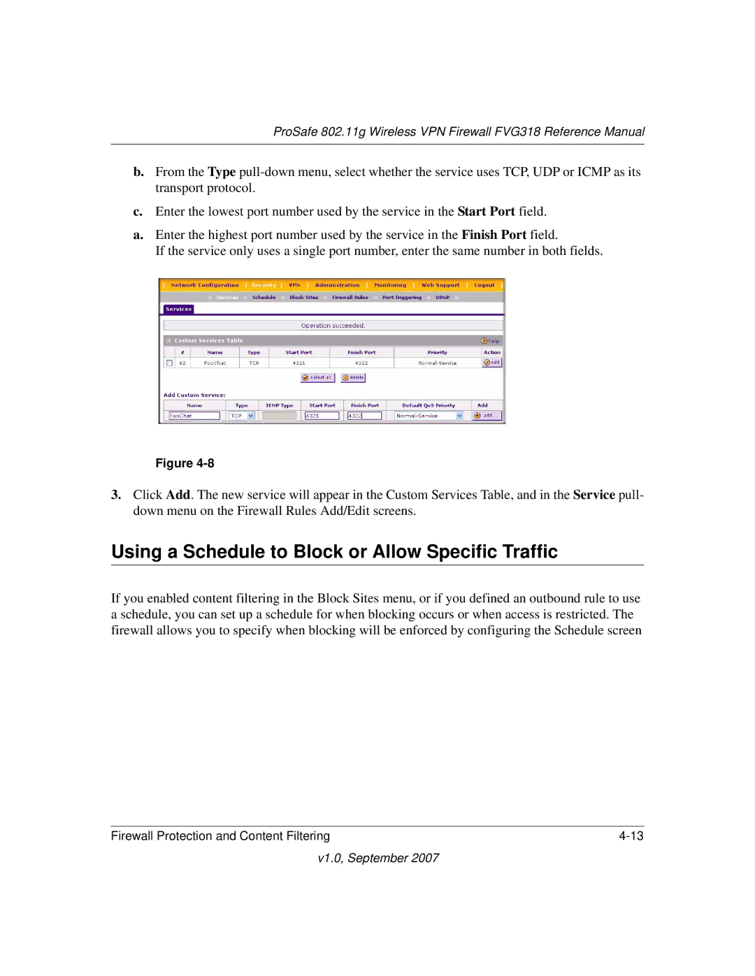 NETGEAR FVG318NA manual Using a Schedule to Block or Allow Specific Traffic 