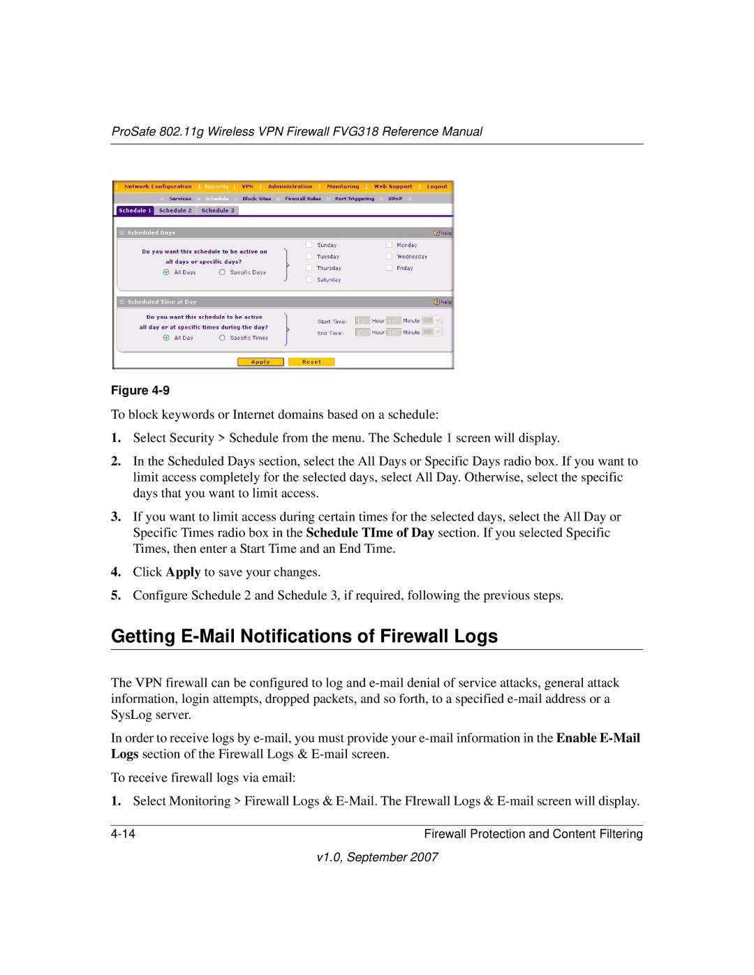 NETGEAR FVG318NA manual Getting E-Mail Notifications of Firewall Logs 