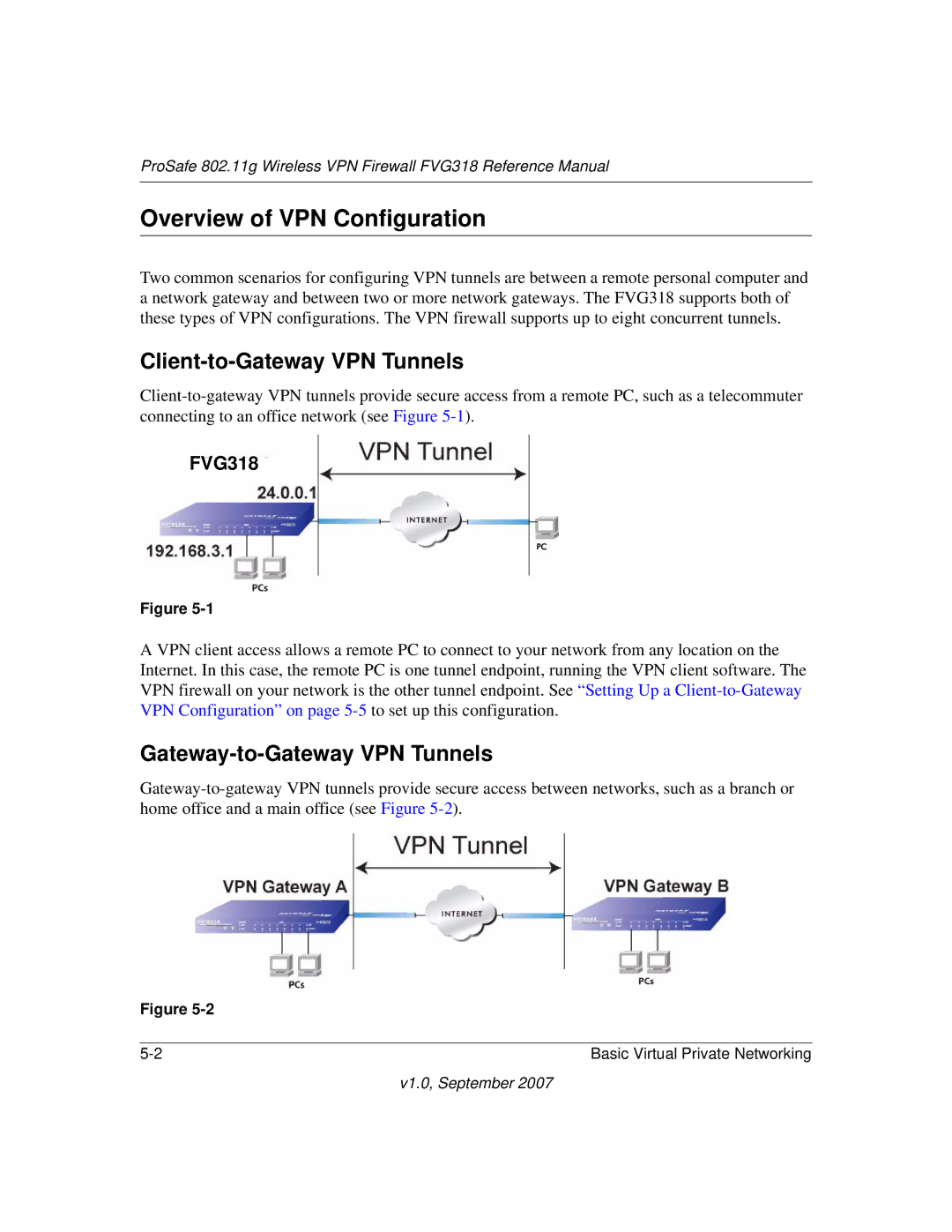 NETGEAR FVG318NA manual Overview of VPN Configuration, Client-to-Gateway VPN Tunnels, Gateway-to-Gateway VPN Tunnels 