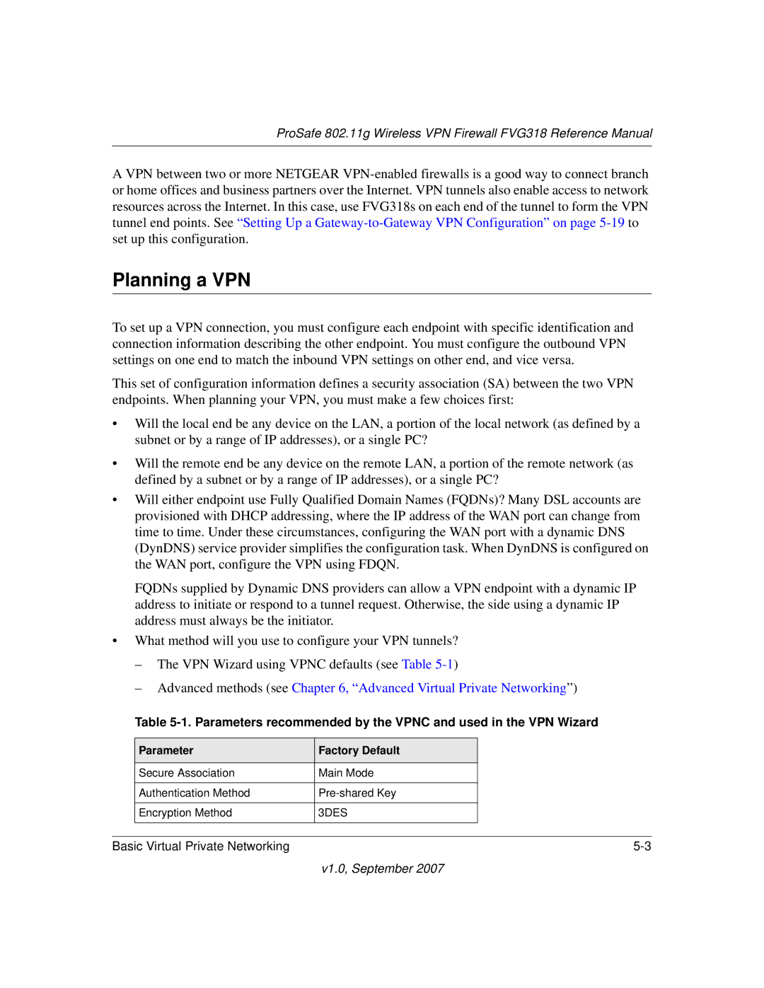 NETGEAR FVG318NA manual Planning a VPN, Parameter Factory Default 