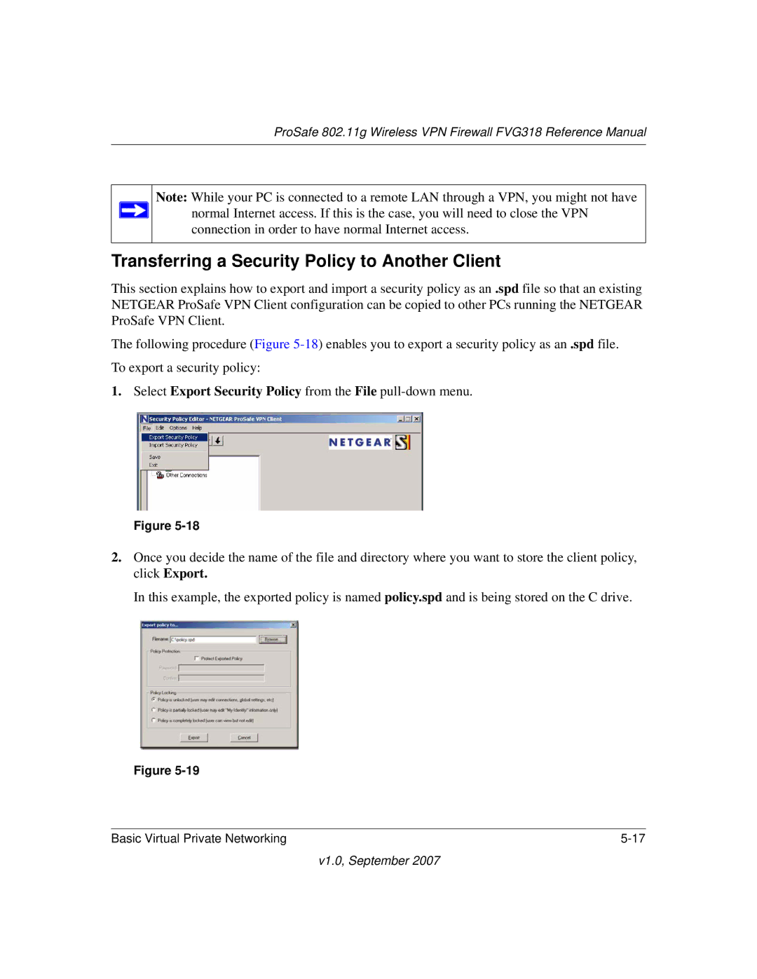 NETGEAR FVG318NA manual Transferring a Security Policy to Another Client 