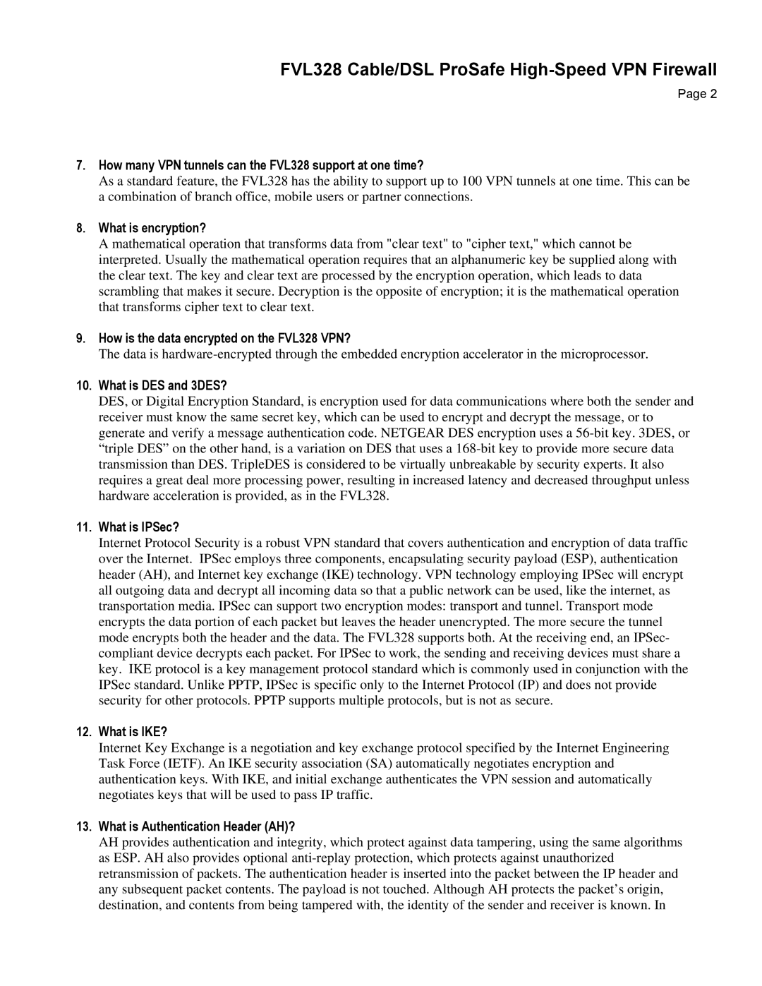 NETGEAR manual How many VPN tunnels can the FVL328 support at one time?, What is encryption?, What is DES and 3DES? 