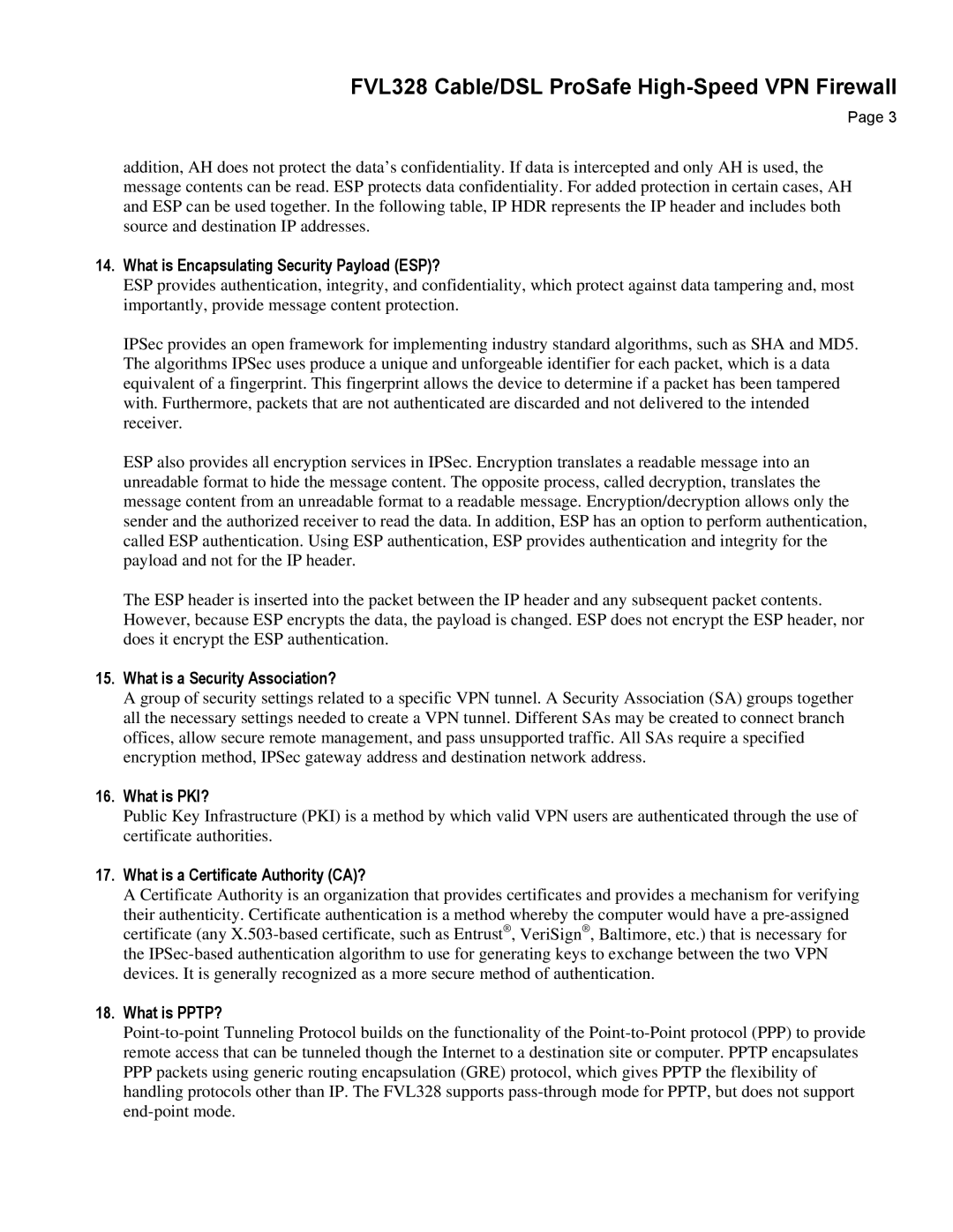 NETGEAR FVL328 What is Encapsulating Security Payload ESP?, What is a Security Association?, What is PKI?, What is PPTP? 