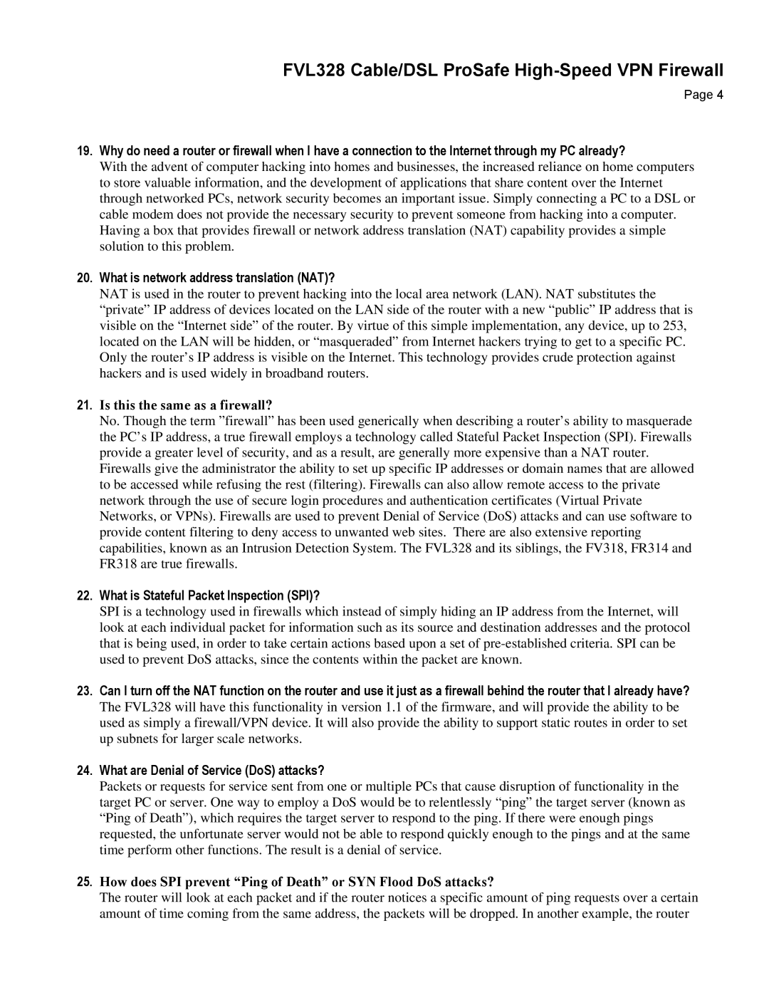 NETGEAR FVL328 manual What is network address translation NAT?, What is Stateful Packet Inspection SPI? 