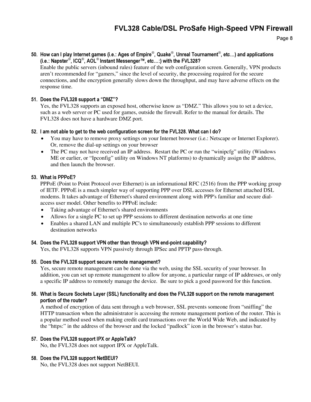 NETGEAR manual Does the FVL328 support a DMZ?, What is PPPoE?, Does the FVL328 support secure remote management? 