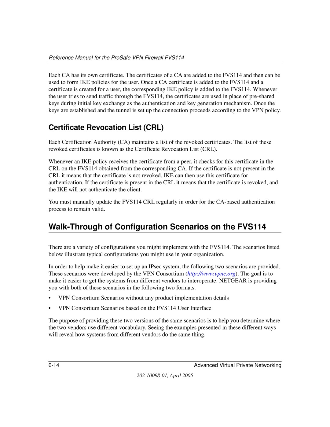 NETGEAR fvs114 manual Walk-Through of Configuration Scenarios on the FVS114, Certificate Revocation List CRL 