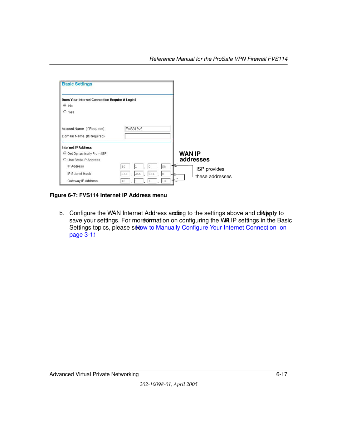 NETGEAR fvs114 manual WAN IP addresses, FVS114 Internet IP Address menu 