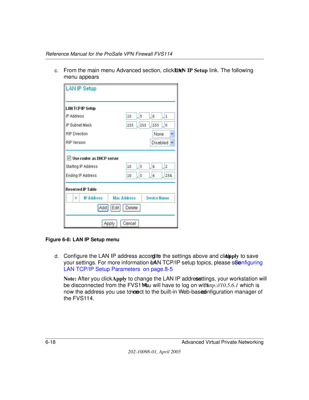 NETGEAR fvs114 manual LAN IP Setup menu 