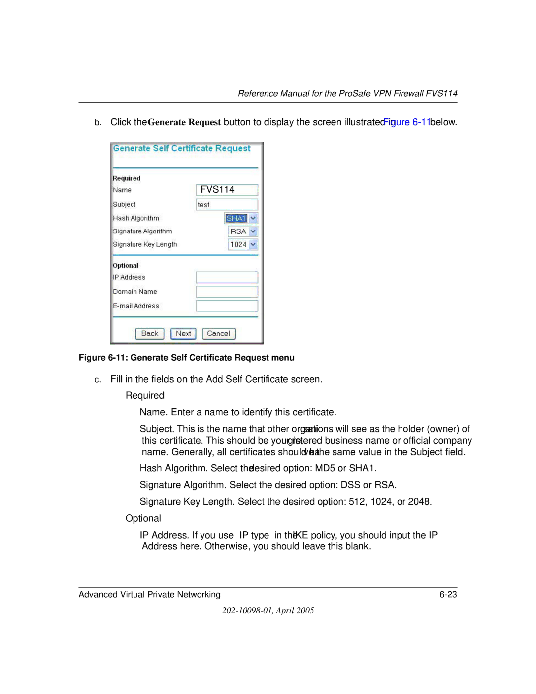 NETGEAR fvs114 manual Generate Self Certificate Request menu 