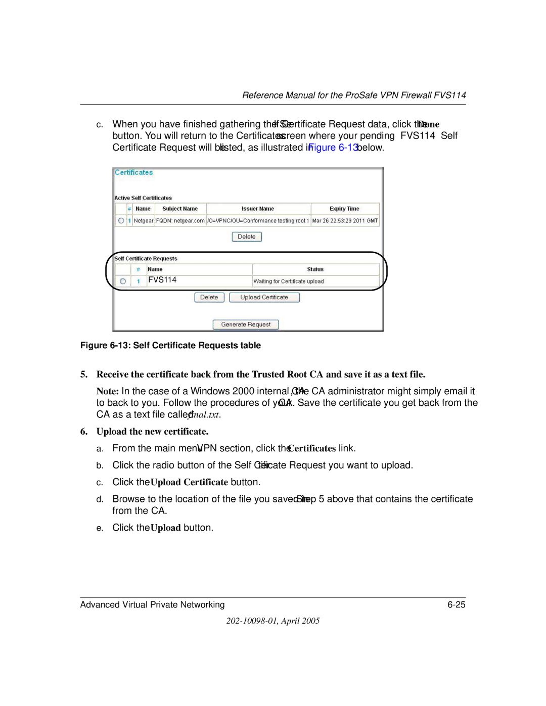 NETGEAR fvs114 manual Click the Upload Certificate button, Self Certificate Requests table 