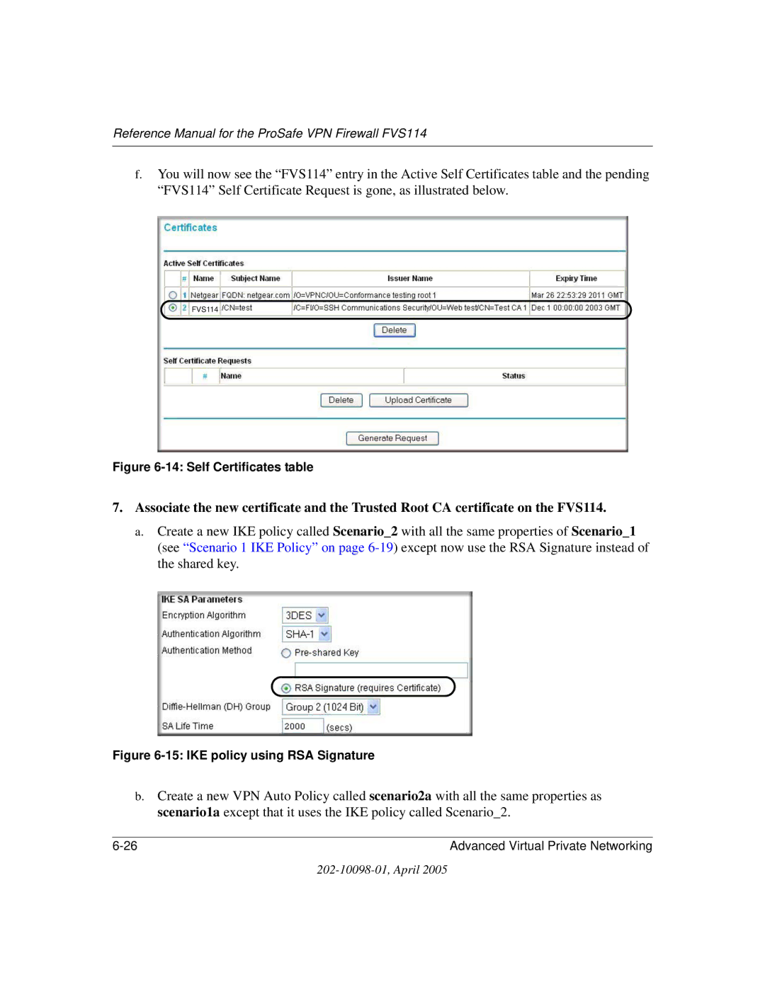 NETGEAR fvs114 manual Self Certificates table 